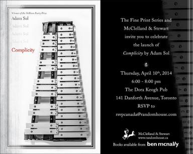 Book launch flyer for Complicity by Adam Sol